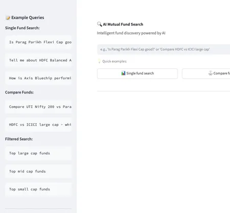 MF Semantic Search with example queries and a fund search box